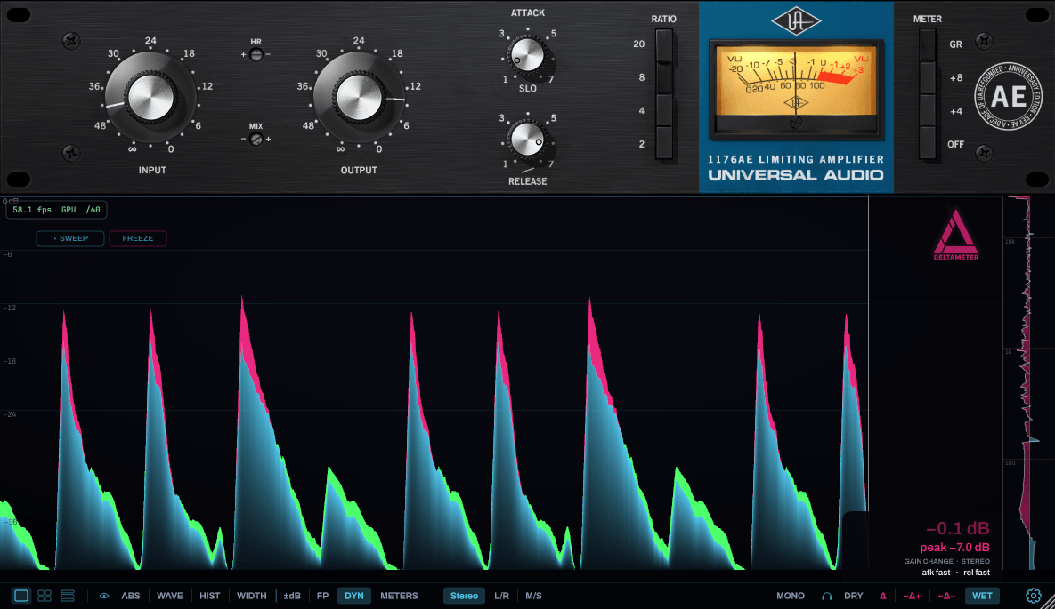 DeltaMeter DYN view: a compressor's gain-reduction curtain over time