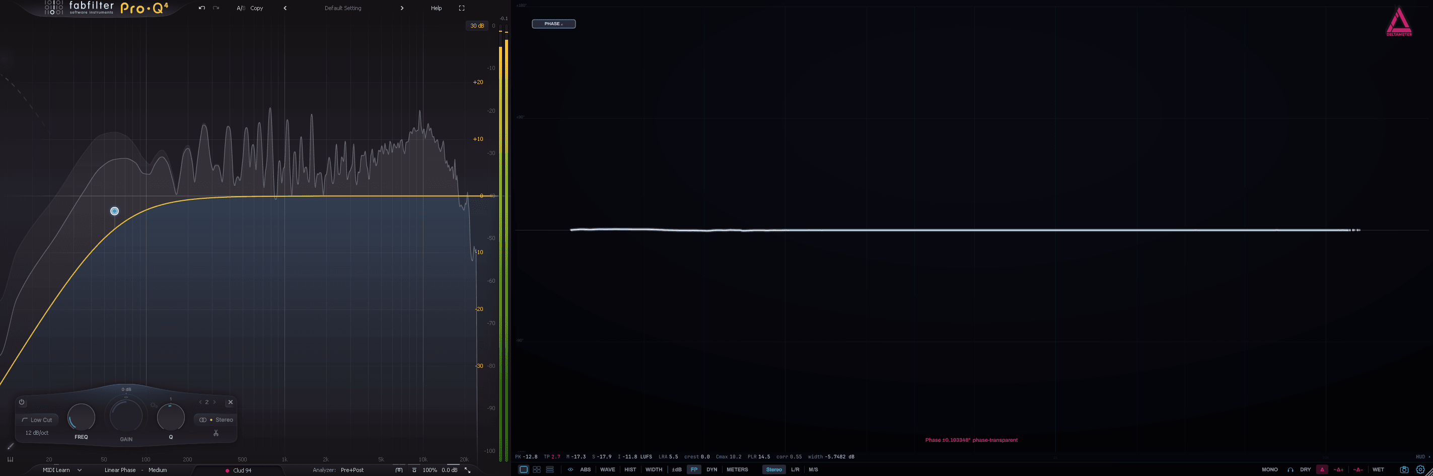 The same EQ High-Pass built linear-phase shows a flat, phase-transparent delta