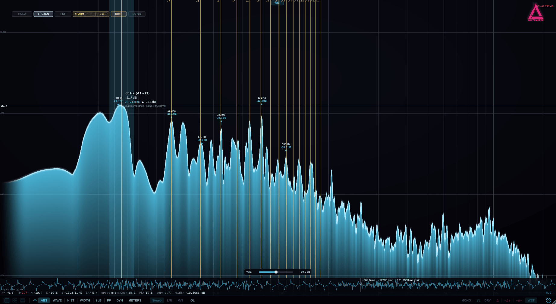 DeltaMeter ABS freeze: a captured second of audio with a scrub timeline