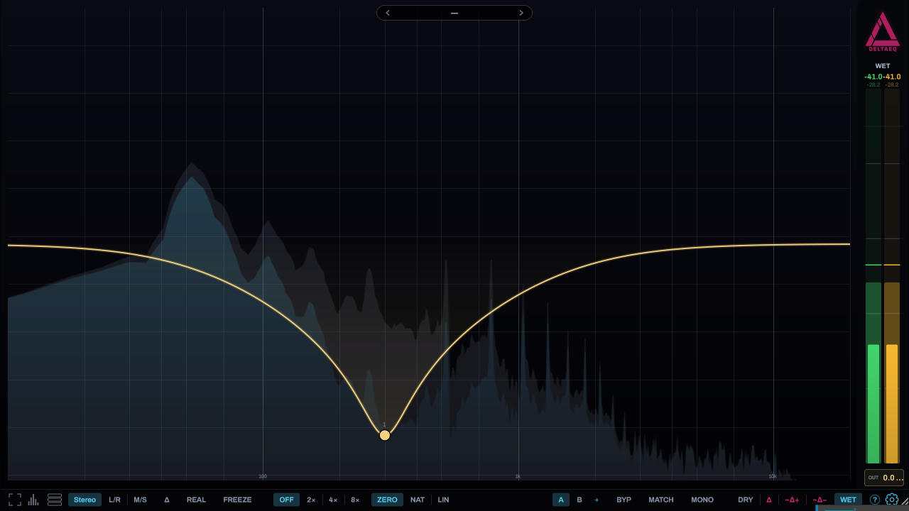 DeltaEQ — the analyzer canvas: a track's live spectrum with an EQ curve and the loudness rail
